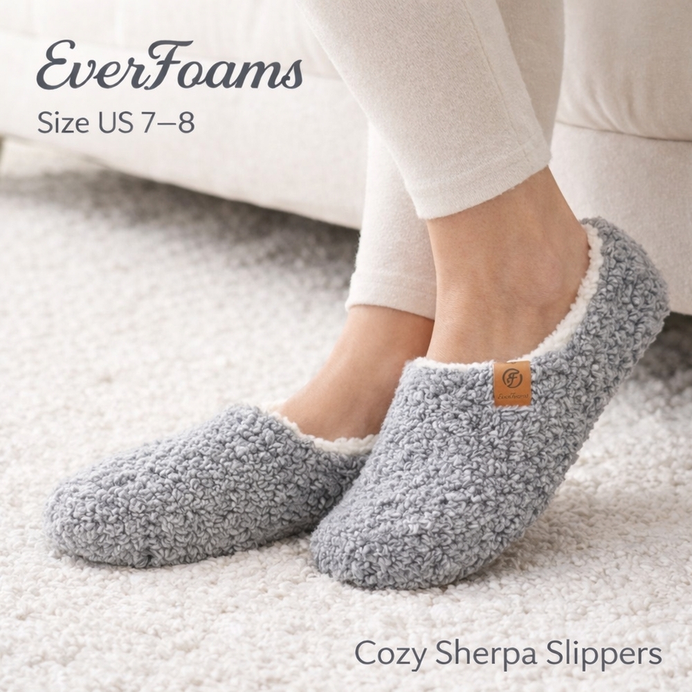 EverFoams Women’s Gray Sherpa Slippers Cozy Fuzzy Plush House Shoes Size 7-8